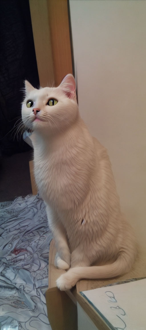 White Cat with Yellow Eyes Sitting on Wooden Stool in Shadow