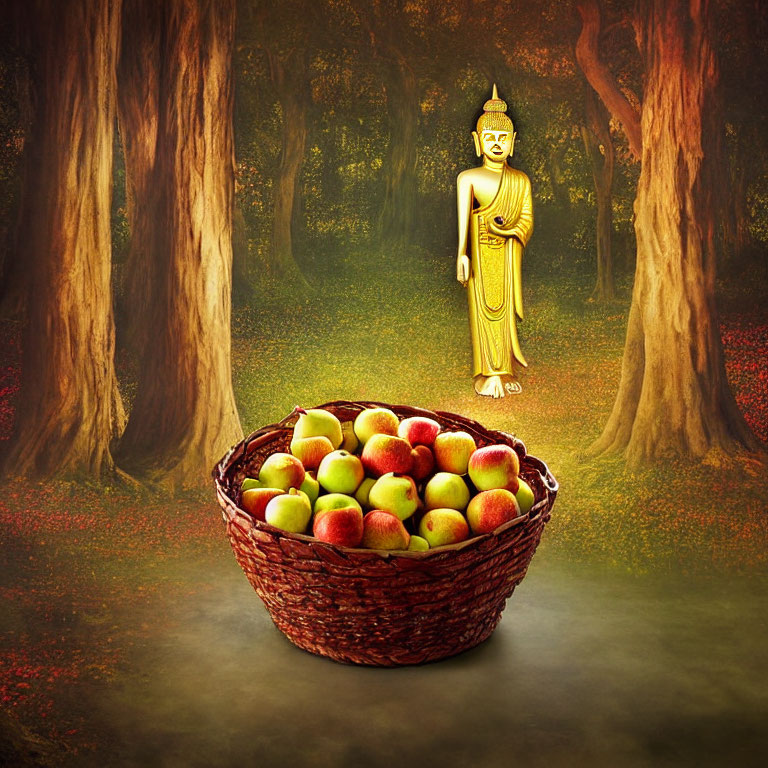 Tranquil Autumn Forest Scene with Buddha Statue and Apples