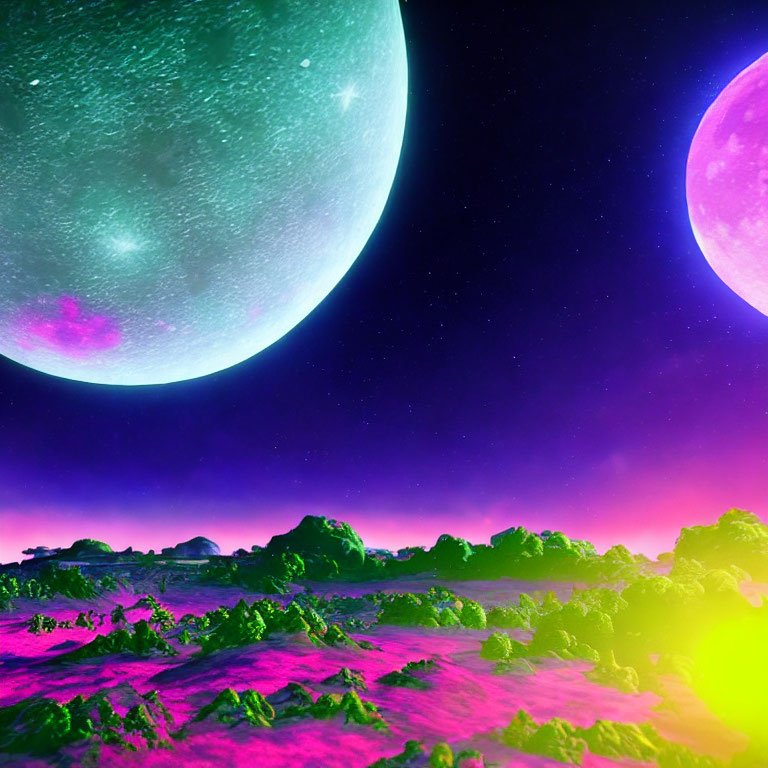 Purple Skies and Celestial Bodies Over Rocky Terrain