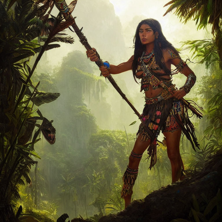 Woman in tribal attire with spear in lush jungle