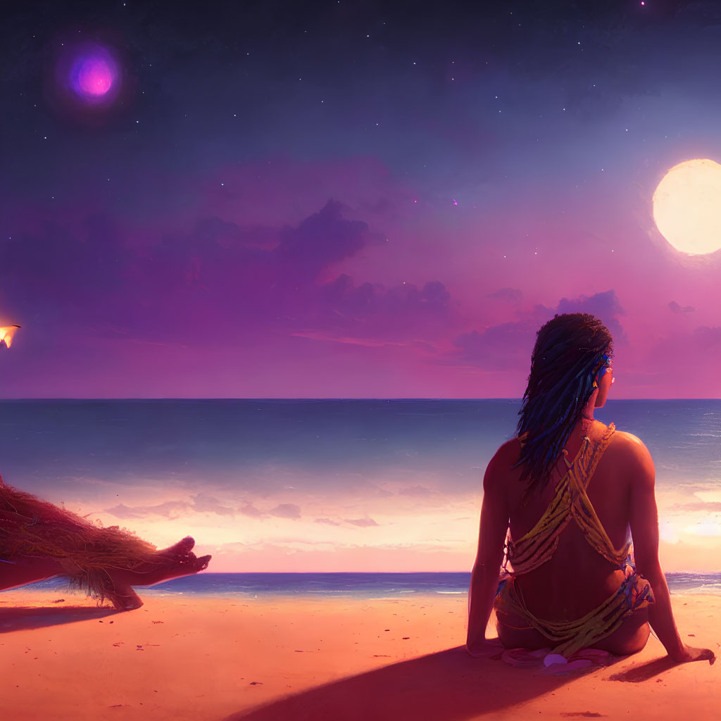 Person on Beach at Sunset with Multiple Moons and Shooting Stars