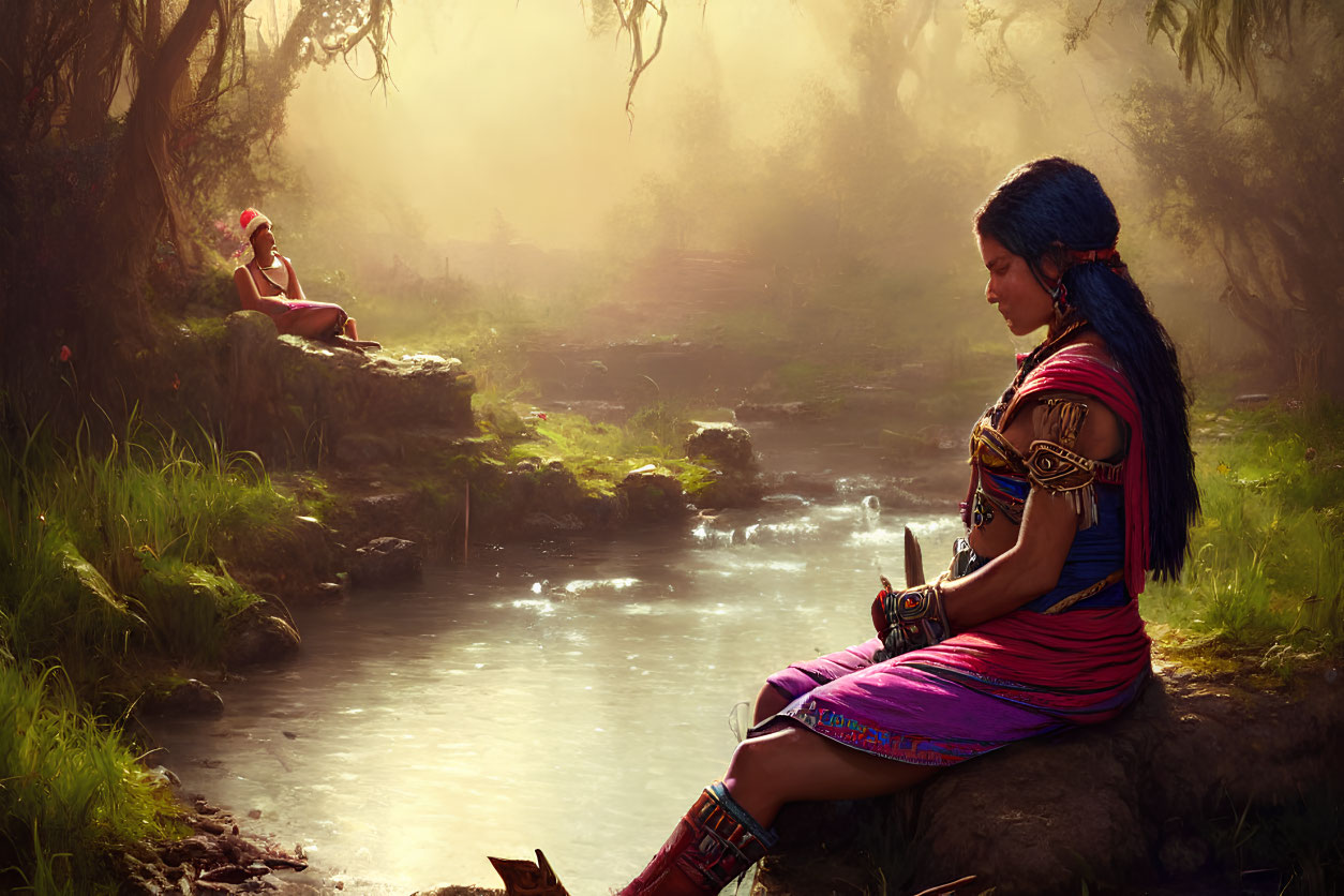 Two women in a serene forest by a stream and lush greenery.