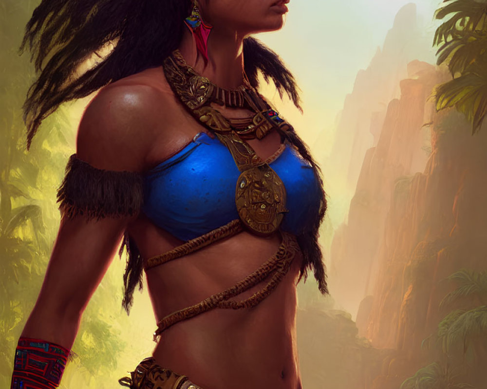 Indigenous warrior woman with feathers, beads, and armor in jungle with lizard.