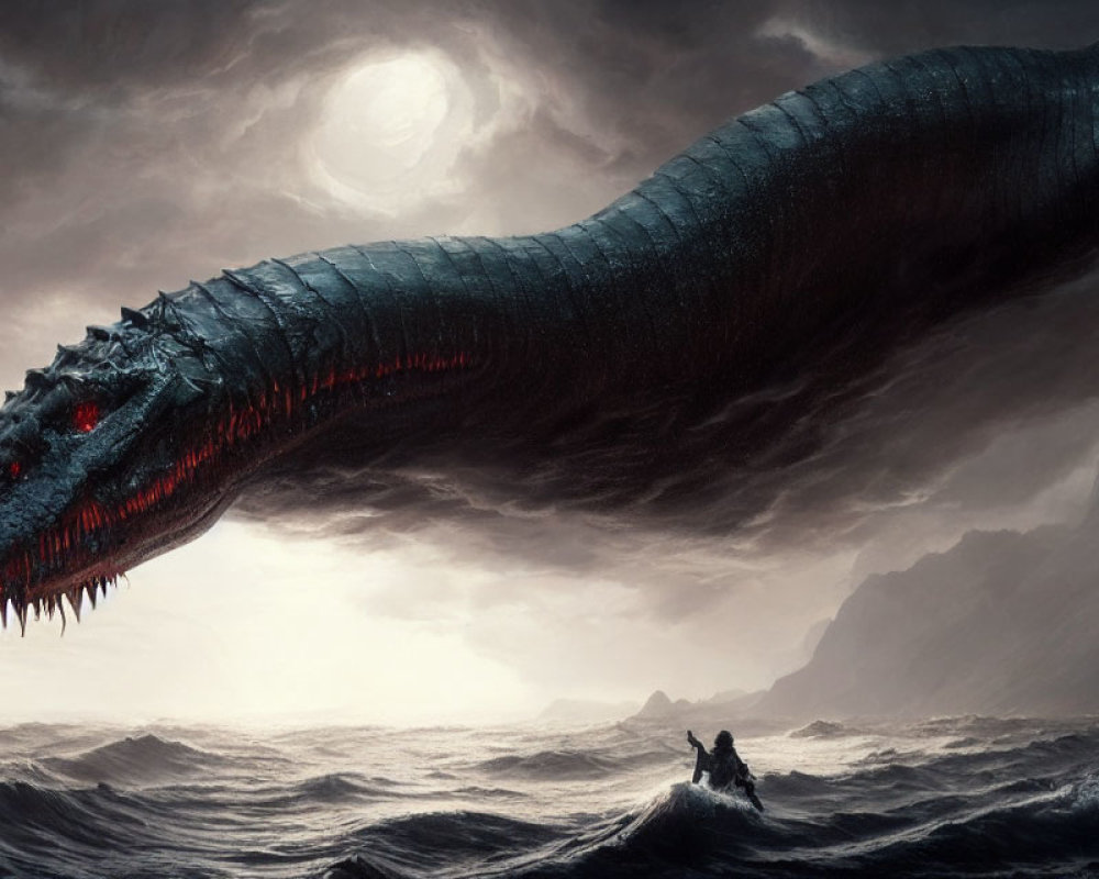 Gigantic sea serpent with red eyes and sharp teeth in stormy ocean scene