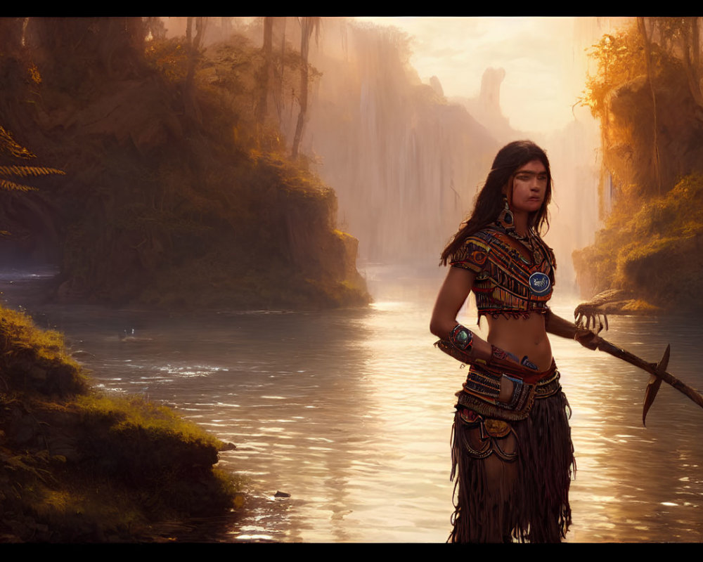 Digital artwork: Woman in tribal attire by serene river in foggy canyon landscape