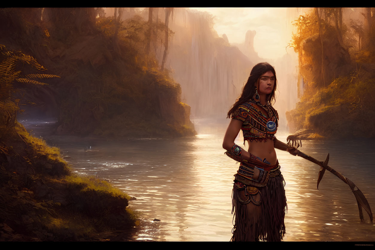 Digital artwork: Woman in tribal attire by serene river in foggy canyon landscape