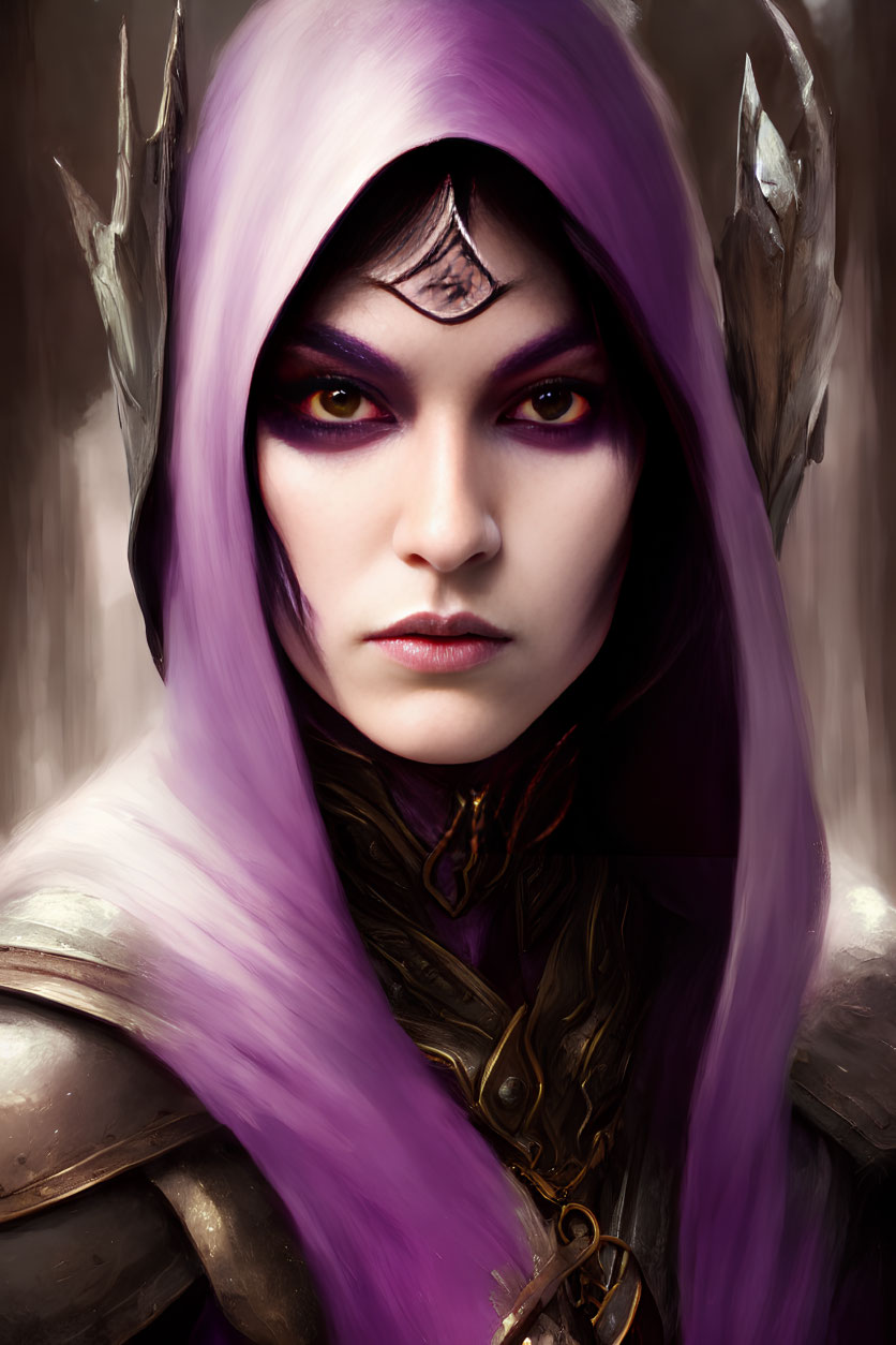 Fantasy portrait of a woman with violet eyes and purple hair, wearing metallic shoulder armor and an orn