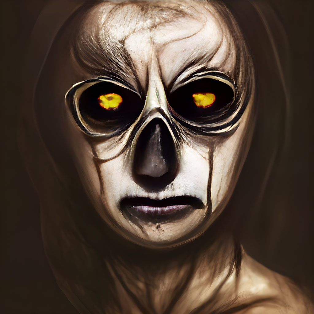 Mysterious humanoid with black almond-shaped eyes and glowing yellow irises