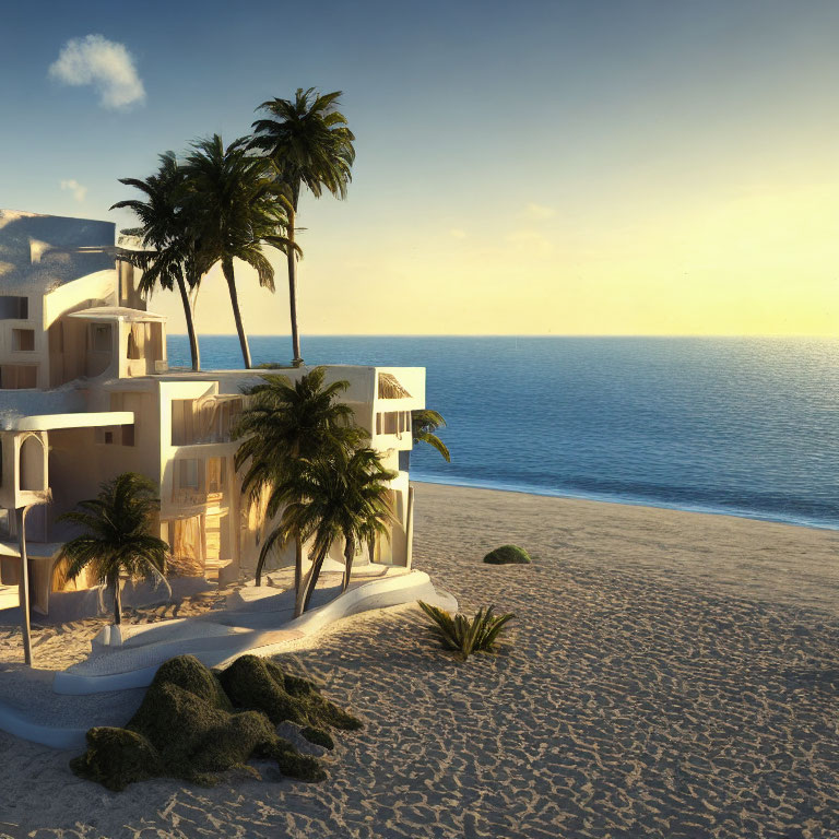 Tranquil sunset beachscape with modern villa, palm trees, sandy shore, calm ocean