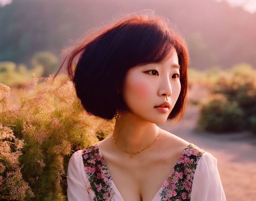 Bob Haircut Woman Gazing in Golden Sunlight