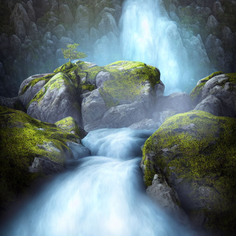 Tranquil stream flows over mossy rocks in misty landscape