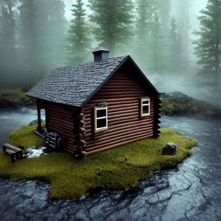 Rustic wooden cabin in misty forest by river