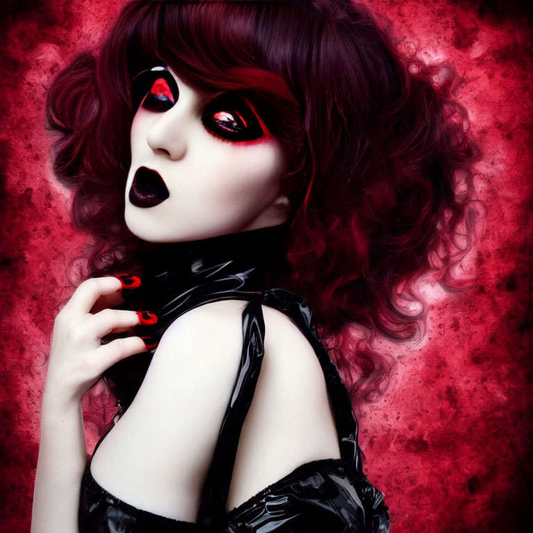 Vibrant red eye makeup and nails on person with curly hair against textured red background