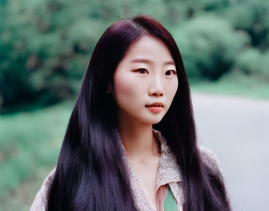 Young woman with long black hair standing outdoors against blurry green background