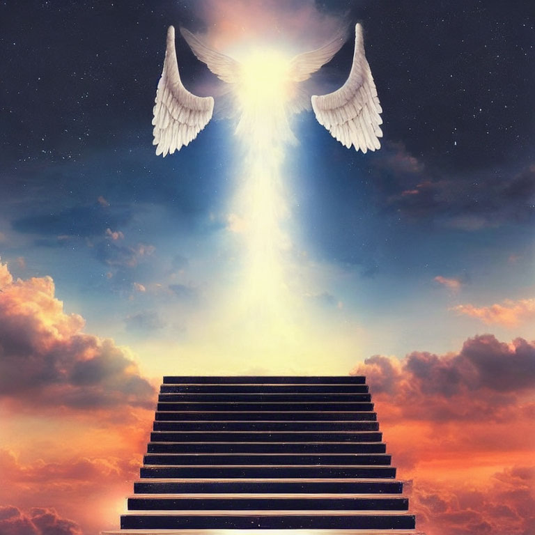 Staircase with angel wings under twilight sky