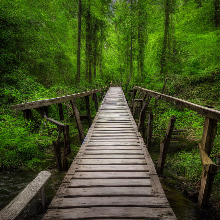 Scenic wooden boardwalk through lush green forest