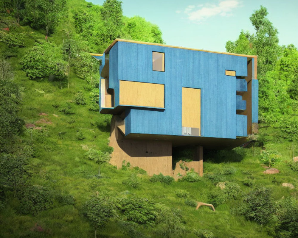 Modern Blue Cantilevered House with Large Windows on Grassy Hillside