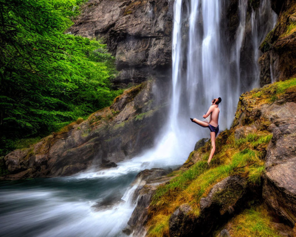 Person standing on rocky edge near lush waterfall in vibrant greenery