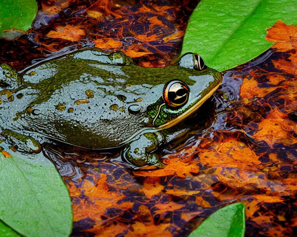 Vibrant green frog on orange leaves and lily pads in water