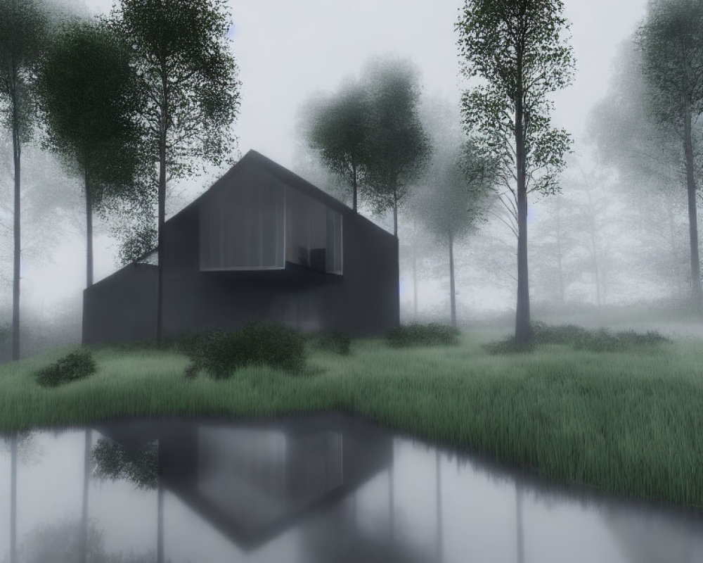 Modern black house in foggy forest with reflection in pond