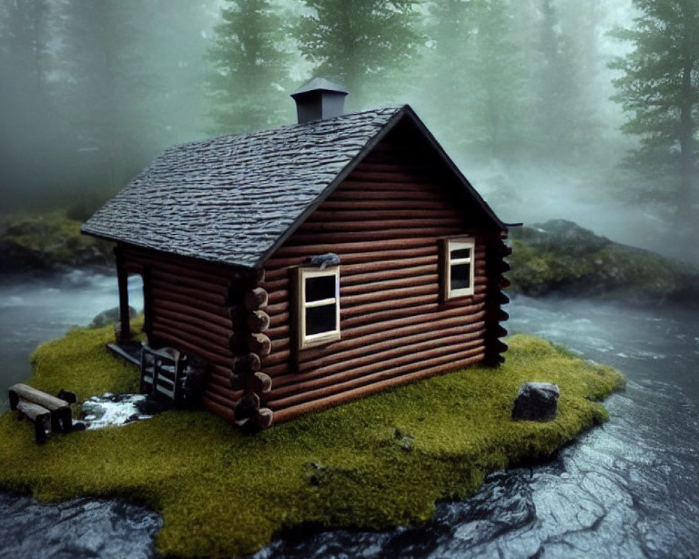 Rustic wooden cabin in misty forest by river