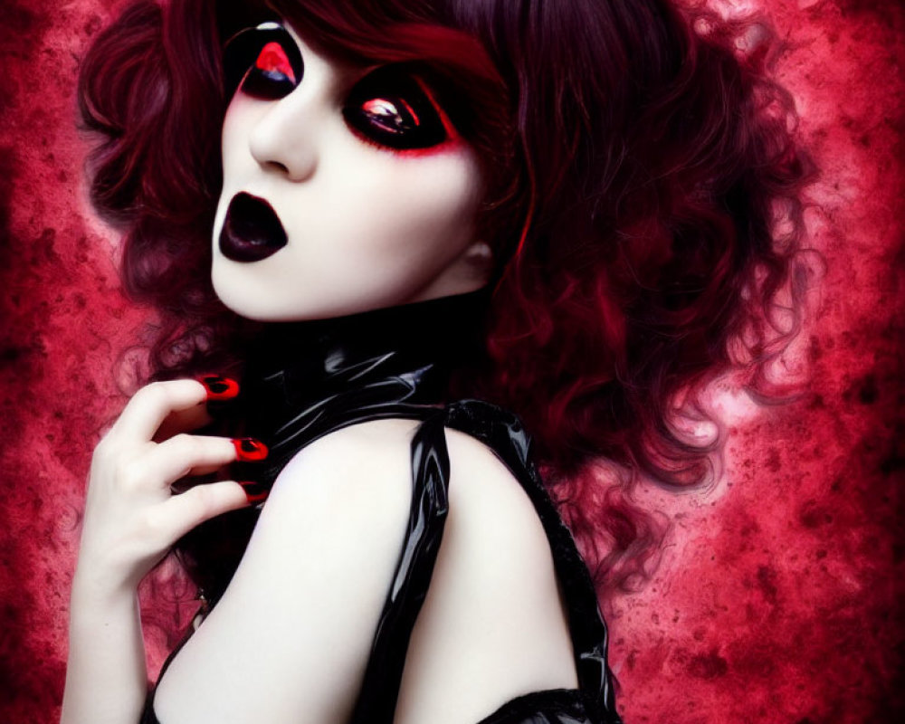 Vibrant red eye makeup and nails on person with curly hair against textured red background