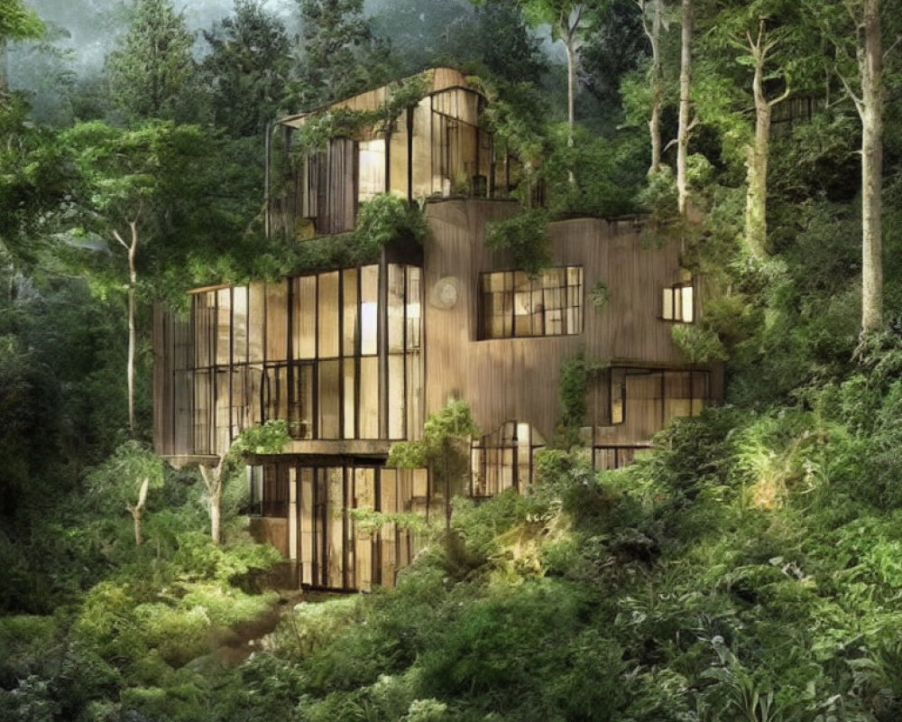 Modern Wooden House Surrounded by Trees in Misty Forest