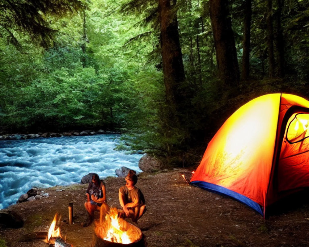 Three People Sitting by Campfire Near River in Forest at Dusk