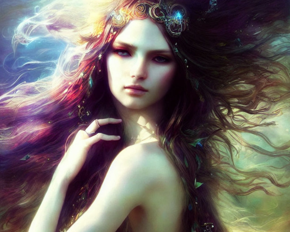 Fantasy portrait of woman with flowing hair and mystical aura