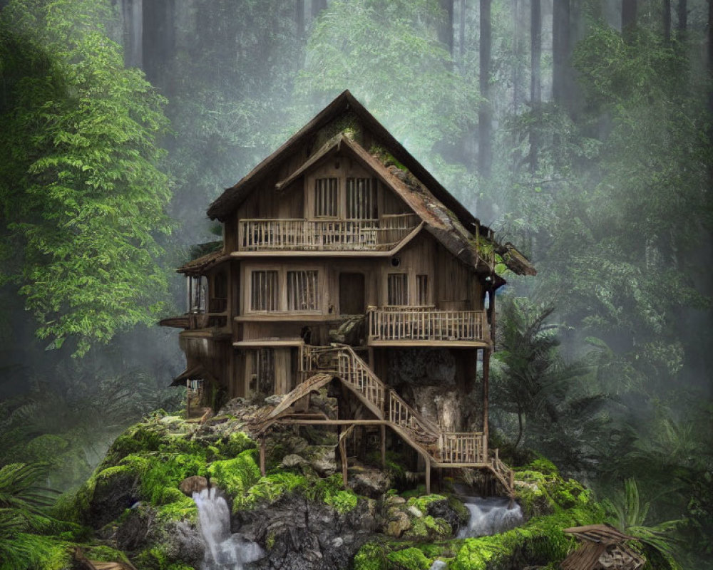 Rustic wooden house on mossy rock in misty forest with waterfalls and stairs