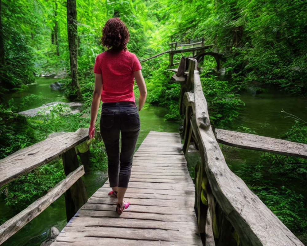 Woman in red top and dark pants crossing wooden bridge over stream in lush forest