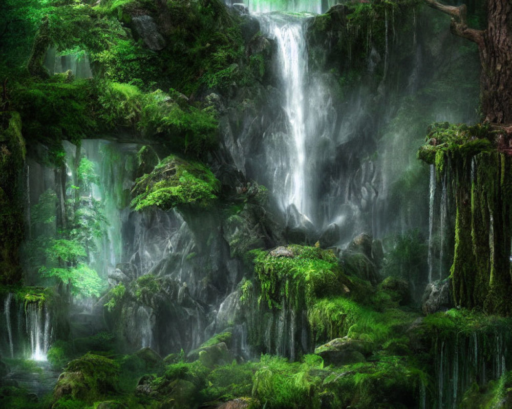 Mystical waterfall in lush green forest with sunbeams and moss-covered rocks