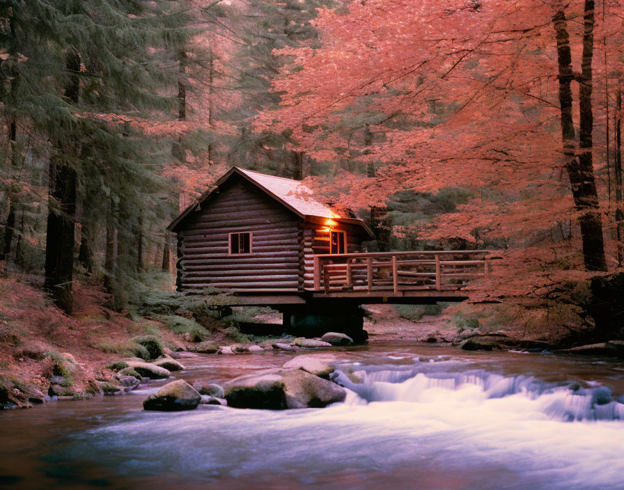 Cozy wooden cabin by stream in autumn forest with pink foliage