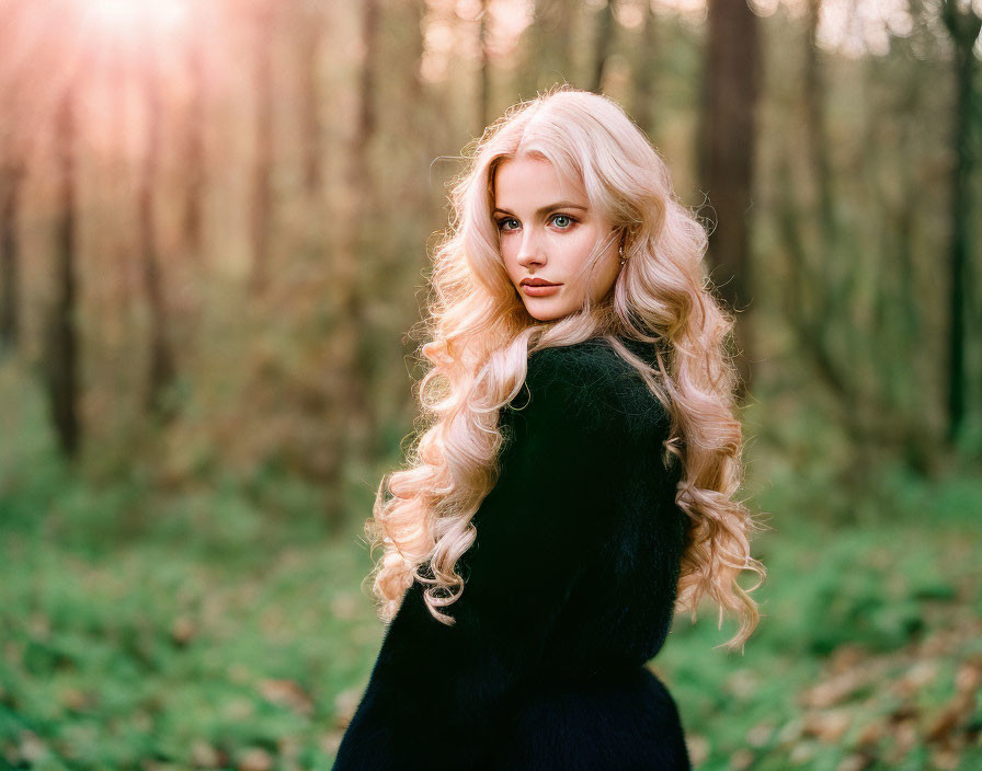 Blonde woman with long wavy hair in sunlit forest