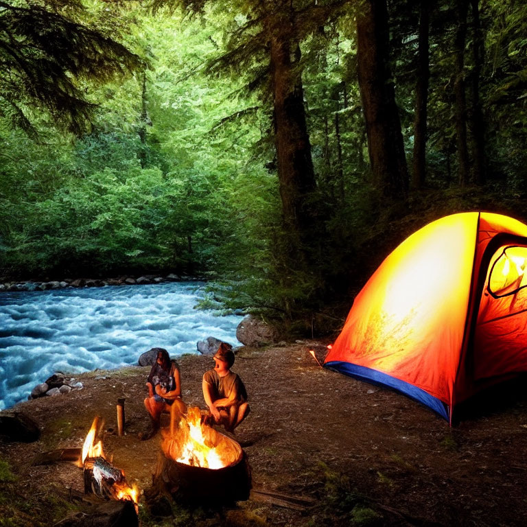 Three People Sitting by Campfire Near River in Forest at Dusk