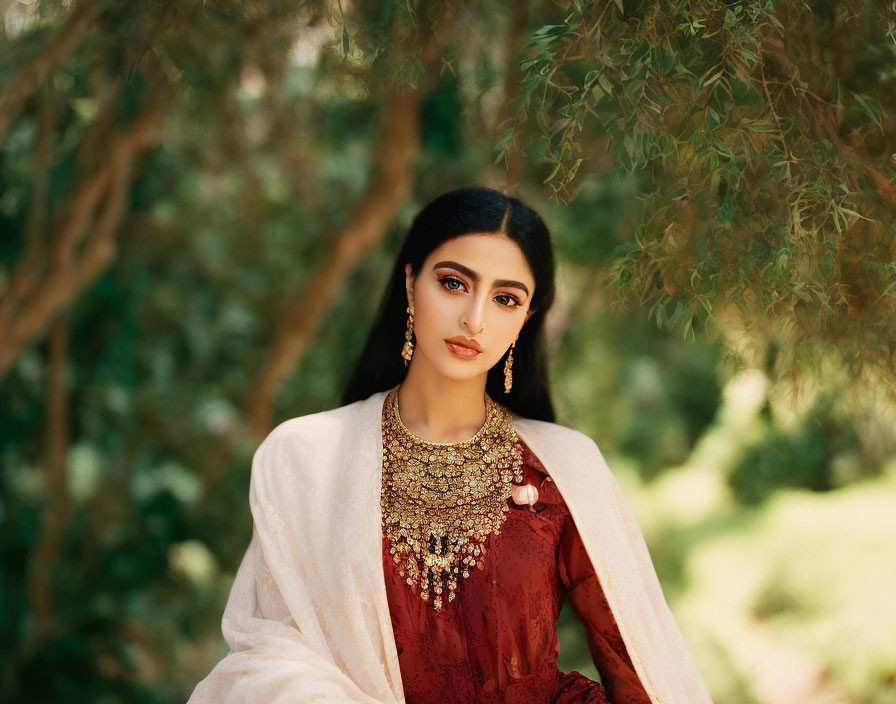 Traditional South Asian Attire Woman Poses in Greenery