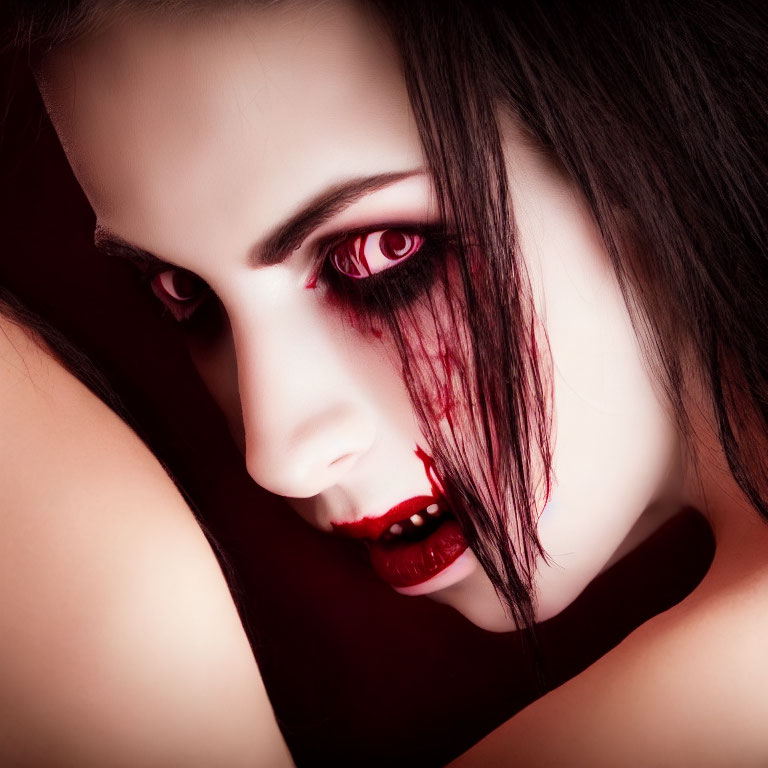 Close-up of person with vampire-like appearance: red eyes, dripping makeup, sharp fangs