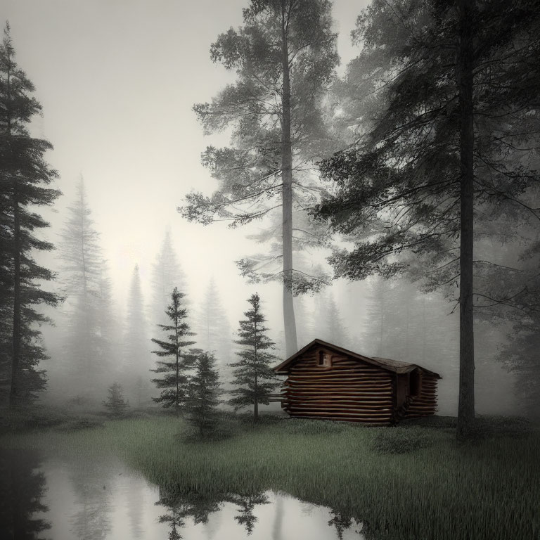 Tranquil forest cabin by misty pond and tall pine trees