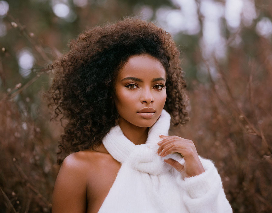 Curly-Haired Woman in White Turtleneck Sweater Among Brown Foliage