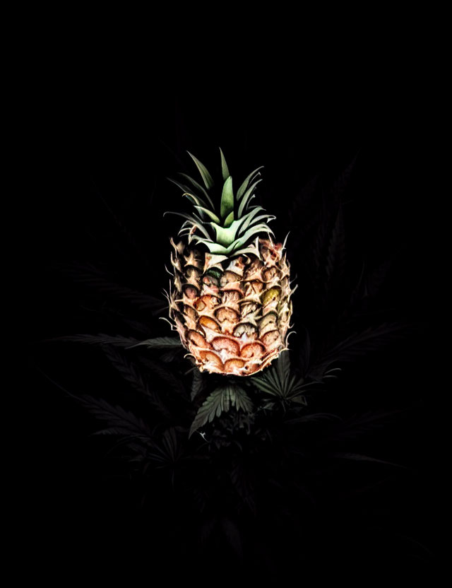 Ripe pineapple against dark leafy background with subtle lighting