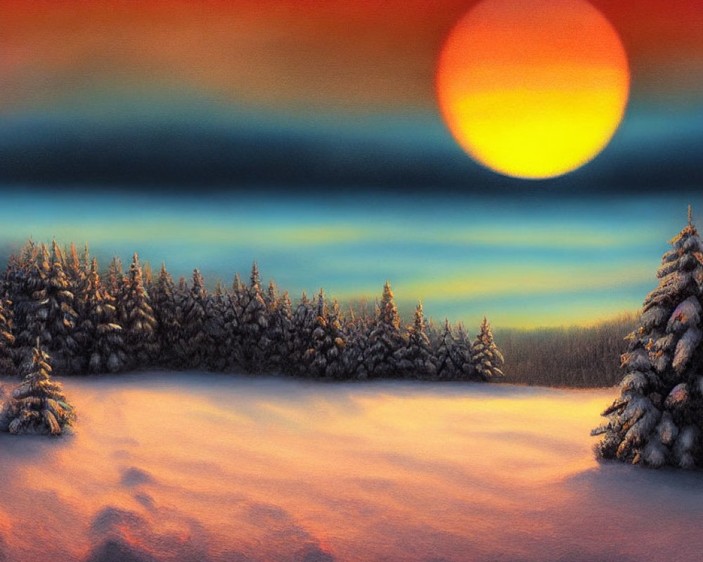 Snowy Landscape with Evergreen Trees Under Vibrant Sunset Sky