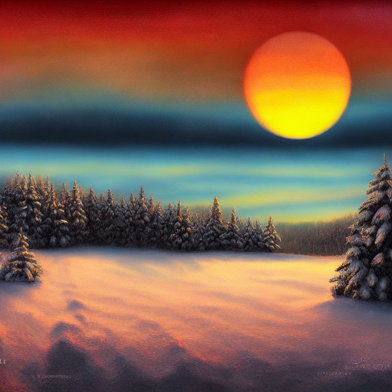 Snowy Landscape with Evergreen Trees Under Vibrant Sunset Sky