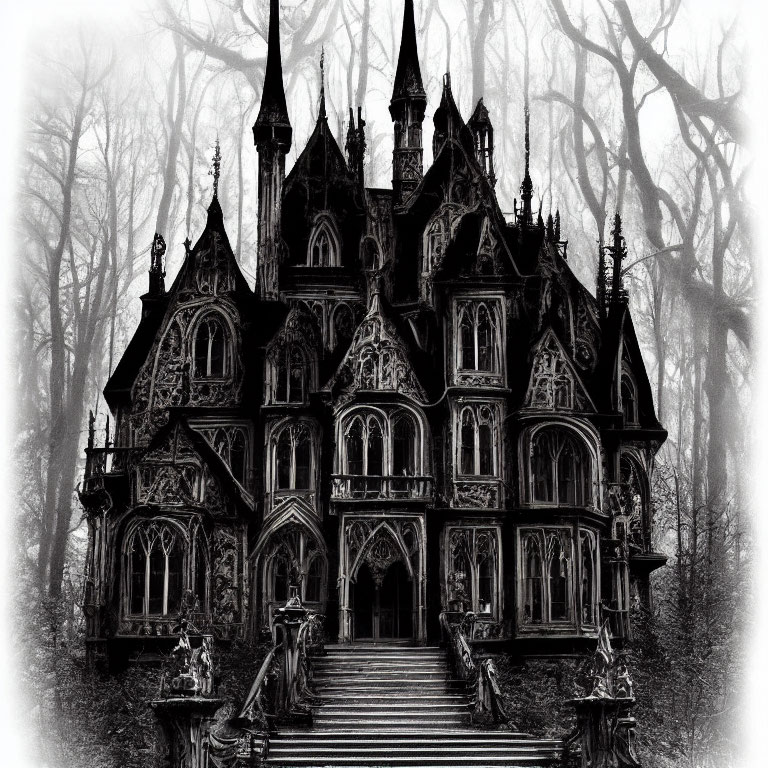 Gothic-style mansion in mist with grand staircase