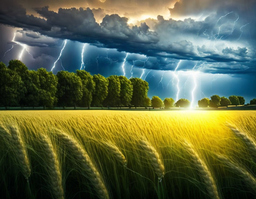 Multiple lightning strikes over golden wheat field in stormy sky