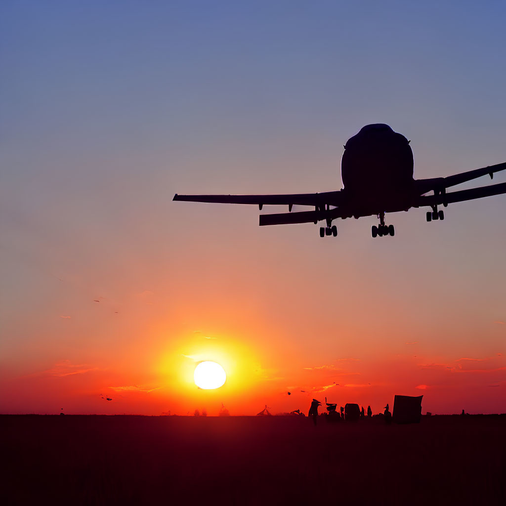 Airplane landing at twilight with vivid sunset and silhouettes.