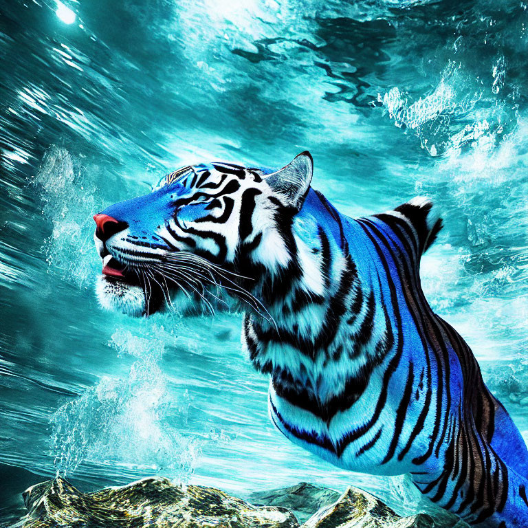 Digitally altered image: Tiger with blue stripes and pink nose swimming underwater