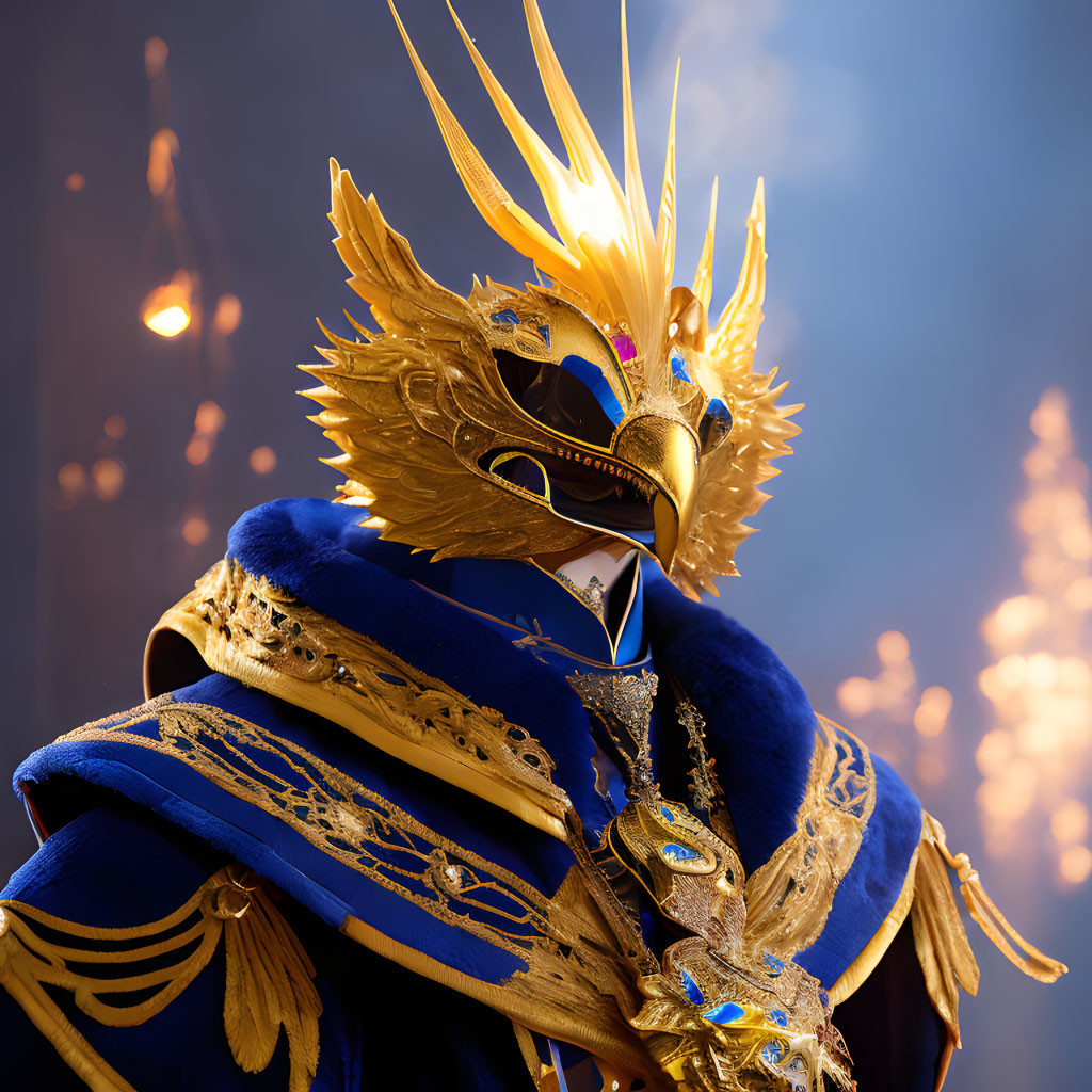 Elaborate Golden Mask and Royal Blue Costume on Sparkly Background