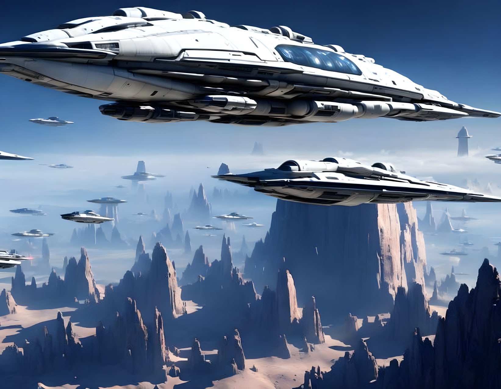 Futuristic spaceships over rocky alien landscape