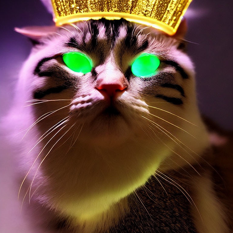 Regal cat with golden crown and green eyes on purple background