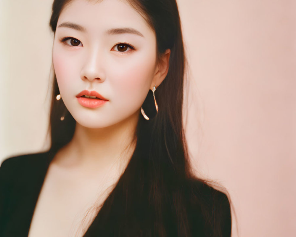 Portrait of young woman with dark hair in gold hoop earrings against soft pink background